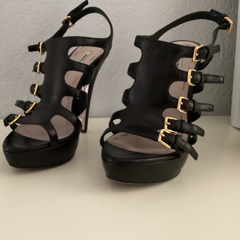 MIU MIU black sandals. Multi-strap buckled, open toes, small platforms